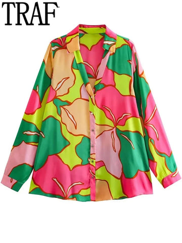 Yipinpay 2023 Print Satin Shirt Woman Blue Button Up Shirt Women Vintage Long Sleeve Shirts And Blouses Women Casual Loose Blouses